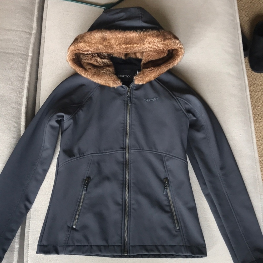 Grey Marmot jacket with fur hood.